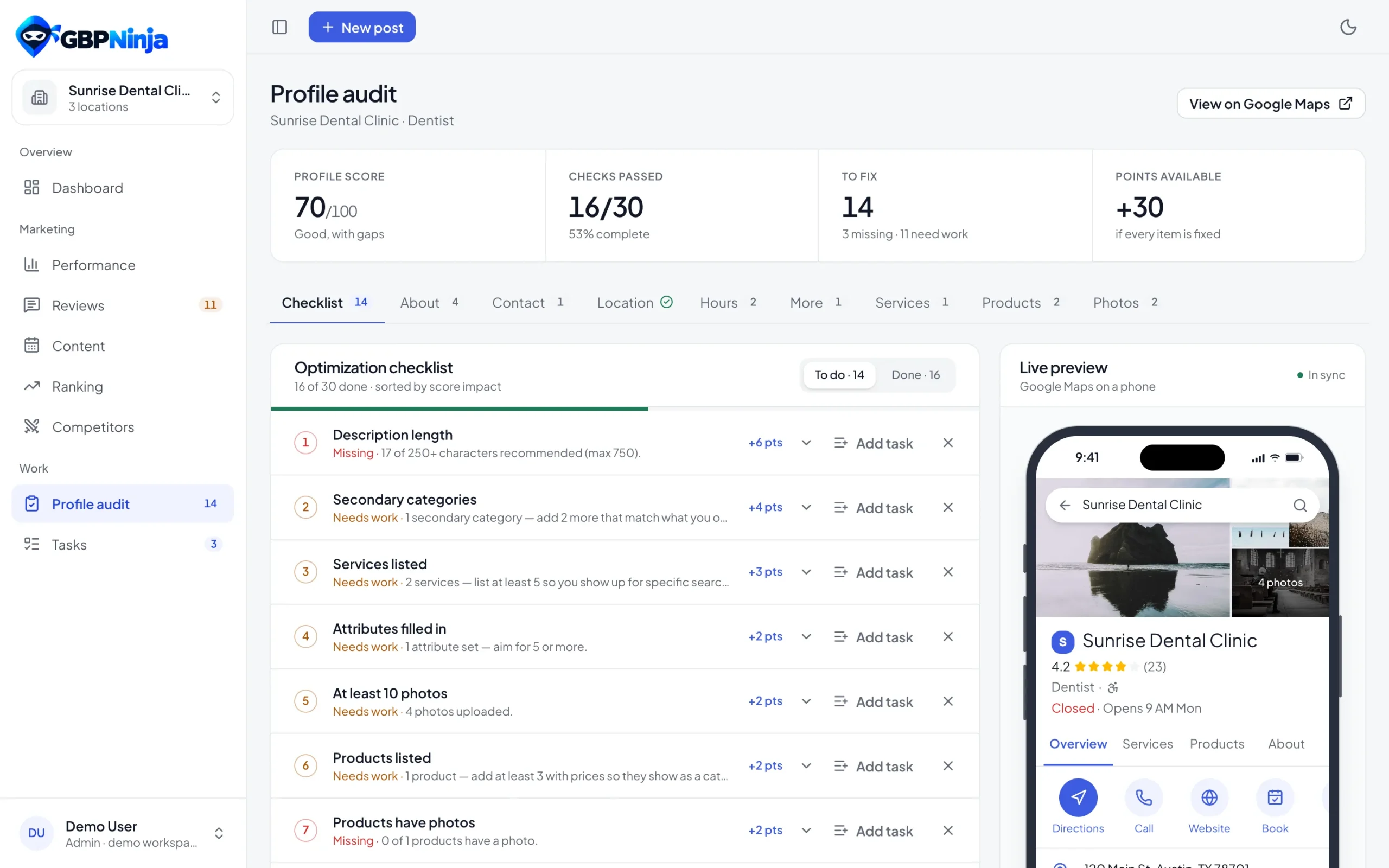 GBPNinja profile audit with a score, checklist and Google Maps preview