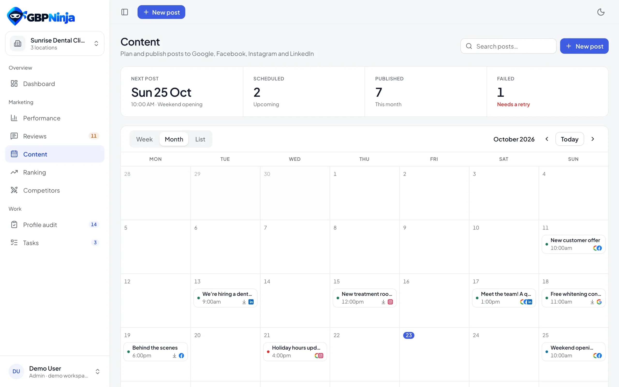 GBPNinja content calendar with posts for Google, Facebook, Instagram and LinkedIn