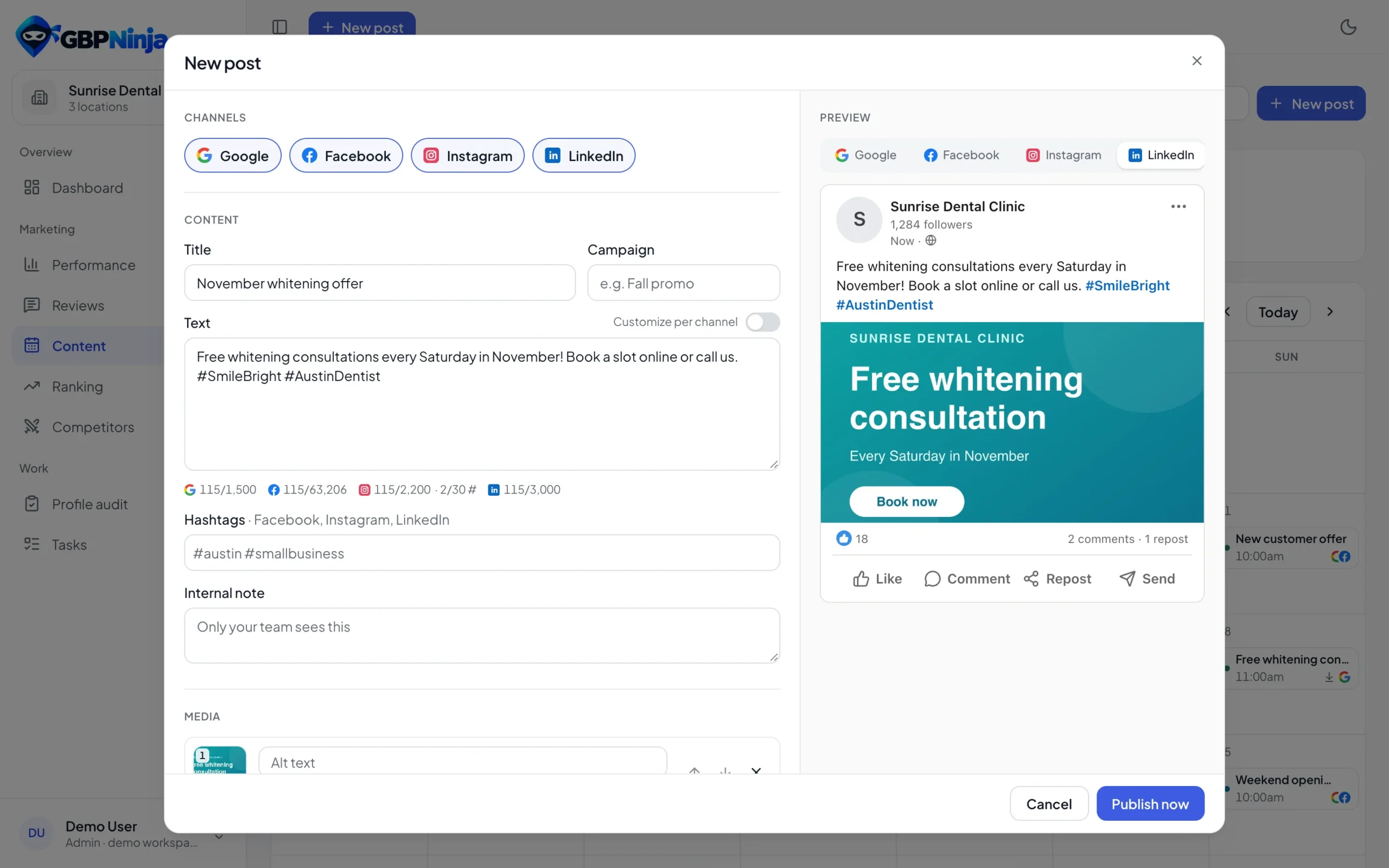 GBPNinja post composer with a live LinkedIn preview